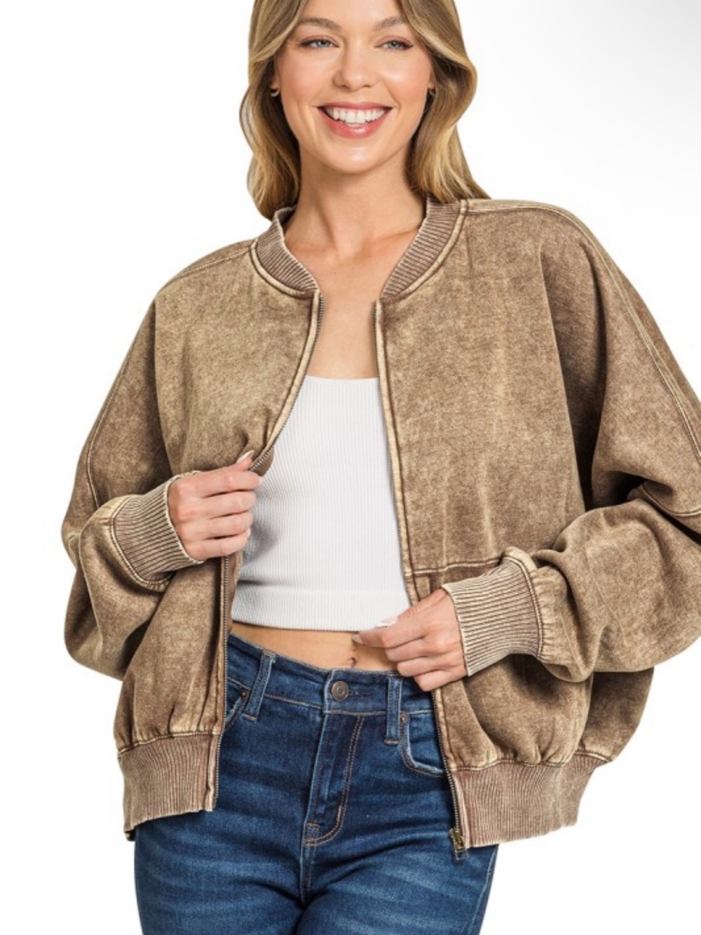 Zenana Mocha Acid Wash Fleece Bomber Jacket Wide Leg Palazzo Sweatpants Set - Picture 3 of 4
